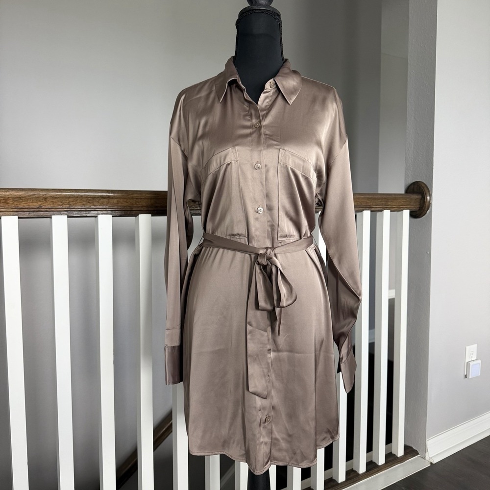Abercrombie‎ & Fitch NWT Long Sleeve Satin Shirt Dress Belted Office Party Small
